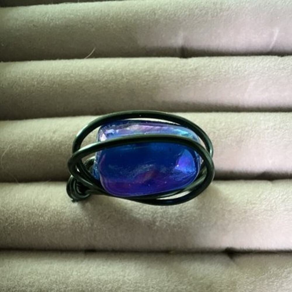 Handcrafted Black Wire Wrap Band Ring Size 5 Oval Blue Glass Stone 3mm